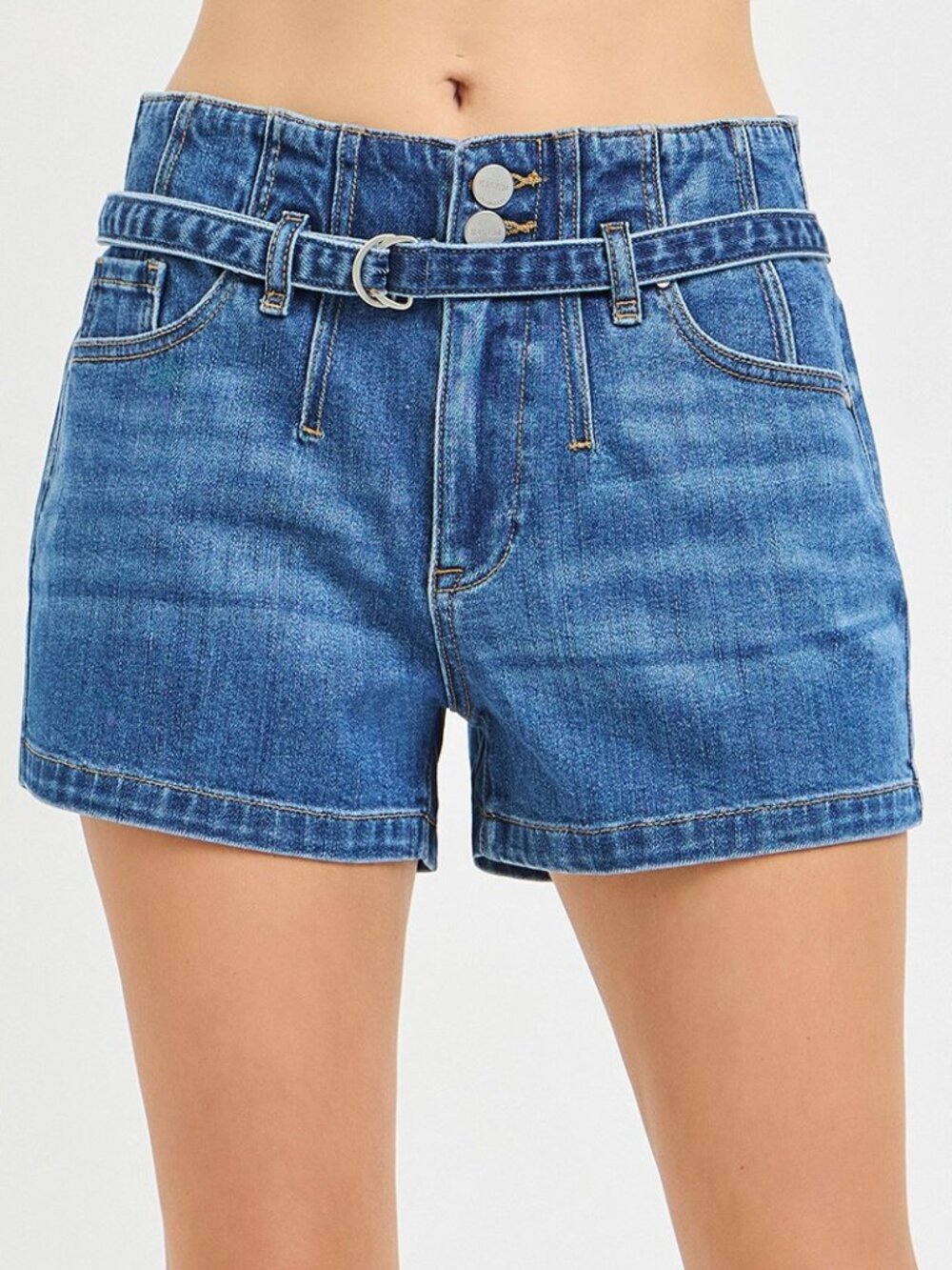 RISEN Double Button Slouchy Denim Shorts with Belt